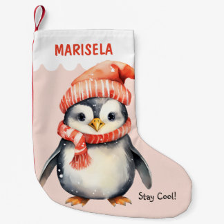Penguin Kids Children Cute Pink Custom Name Small Christmas Stocking