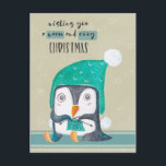 Penguin Knitting Christmas Post Card<br><div class="desc">Adorable little watercolor penguin sitting and knitting with a sweet little winter hat on with wishes for a warm and cozy Christmas.</div>