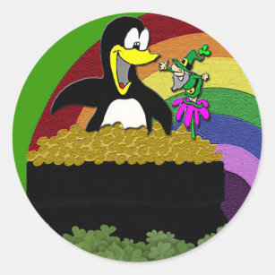 Penguin, Leprechaun, Gold and Rainbow Classic Round Sticker