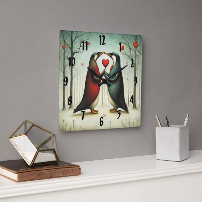 Penguin Love 2 Square Wall Clock (Office)