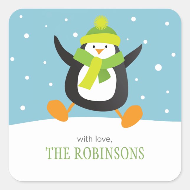 Penguin Loves Snow | Square Holiday Gift Stickers (Front)