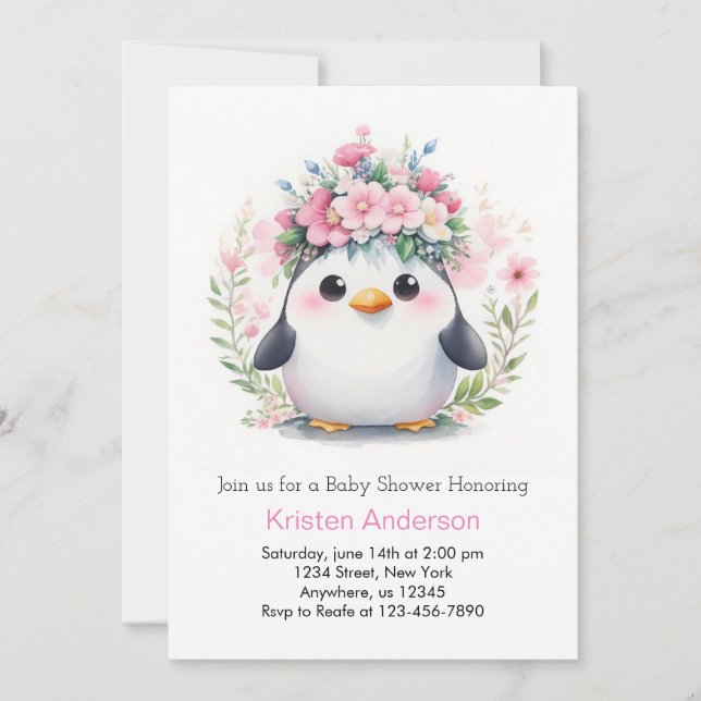 Penguin Lullaby Dreams: Girl Baby Shower Invitation (Front)