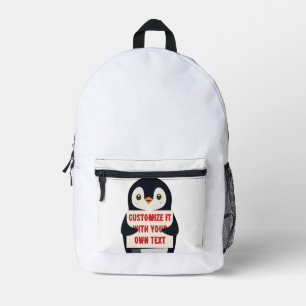 Penguin mascot holding a sign for custom text printed backpack