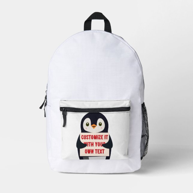 Penguin mascot holding a sign for custom text printed backpack (Front)