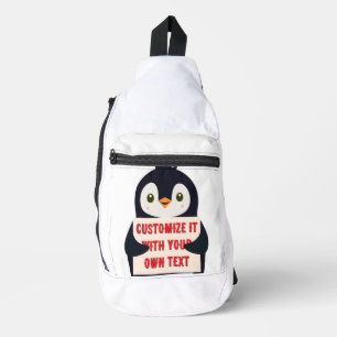 Penguin mascot holding a sign for custom text sling bag