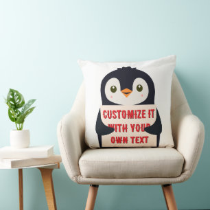 Penguin mascot holding a sign for custom text throw pillow