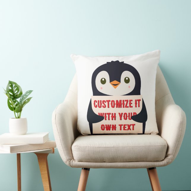 Penguin mascot holding a sign for custom text throw pillow (Chair)