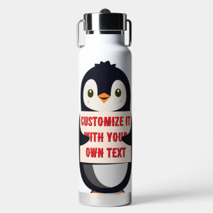 Penguin mascot holding a sign for custom text water bottle