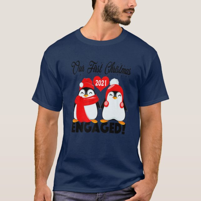 Penguin Matching Couples Our First Christmas Engag T-Shirt (Front)