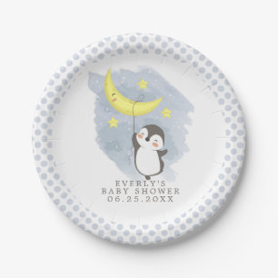 Penguin Moon Watercolor Baby Shower  Paper Plate
