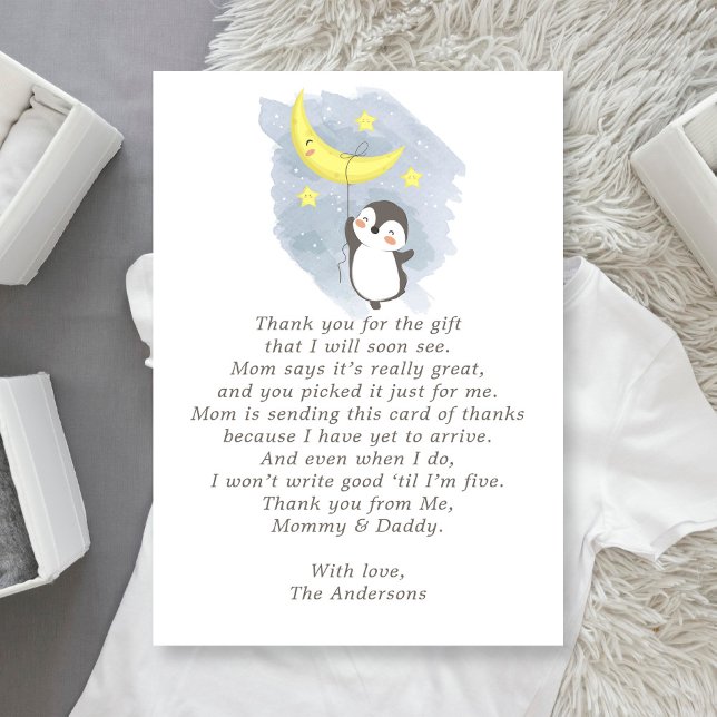 Penguin Moon Watercolor Baby Shower Thank You Card (Creator Uploaded)