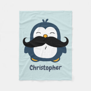 Penguin Moustache Trend Blue Personalized Fleece Blanket