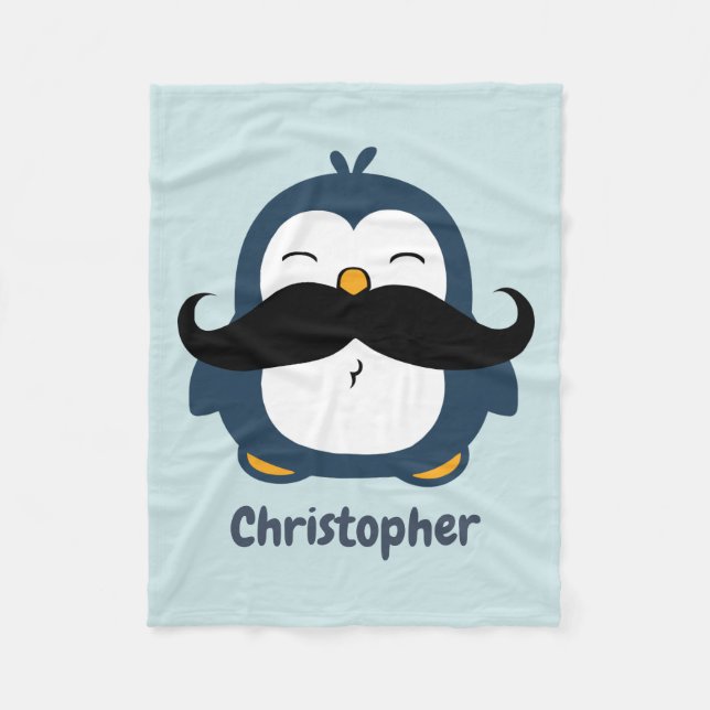 Penguin Moustache Trend Blue Personalized Fleece Blanket (Front)