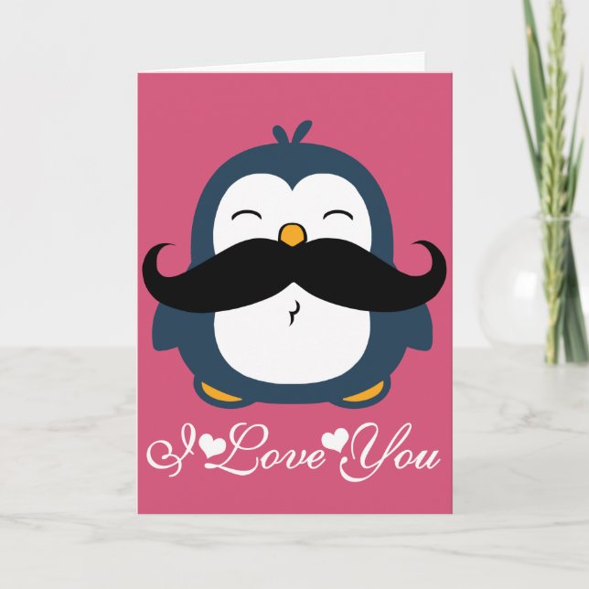 Penguin Moustache Trend I Love You Card (Front)