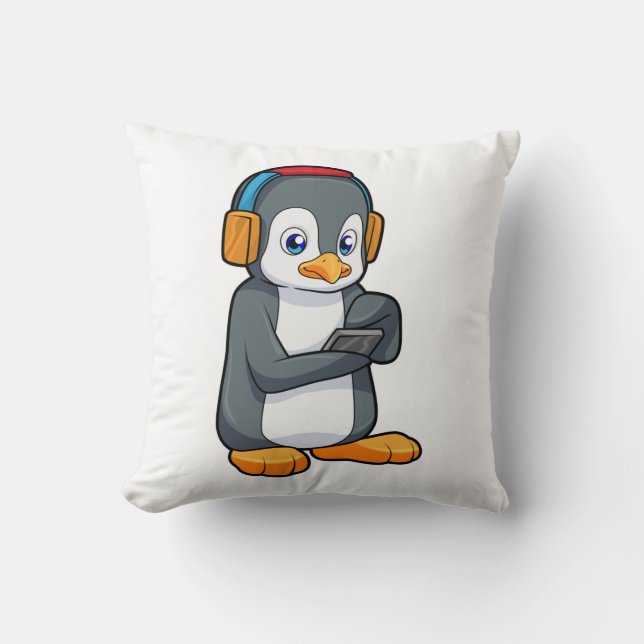 Penguin Music Headphone Throw Pillow (Front)