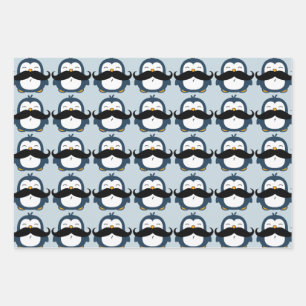 Penguin Mustache Trend Pattern   Blue Wrapping Paper Sheet