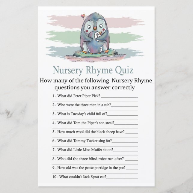 Penguin Nursery Rhyme Quiz baby shower game (Front)