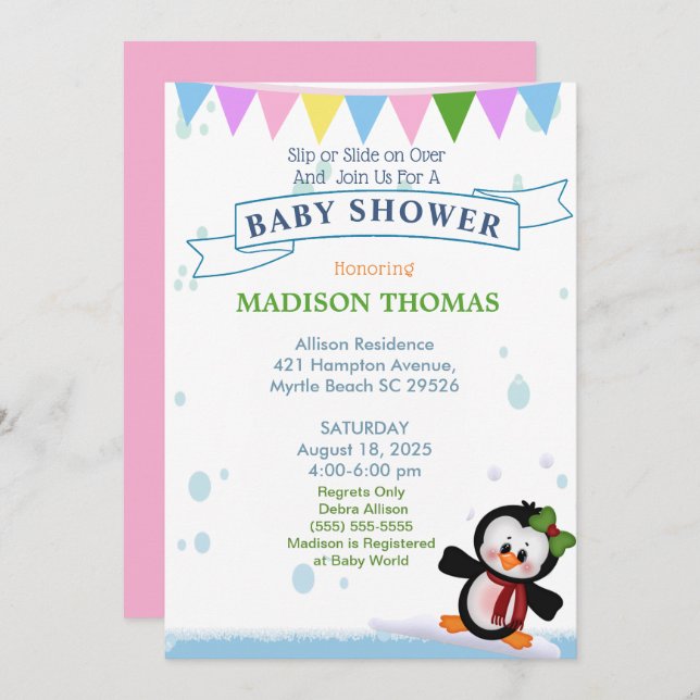 Penguin On Ice Baby Shower Invitation (Front/Back)