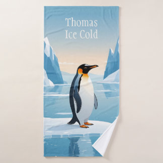Penguin on ice floe in icy landscape bath towel set
