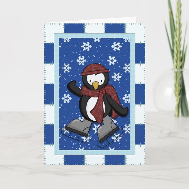 Penguin on Ice Skates Holiday Card (Front)