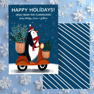 Penguin on Scooter Cute Christmas Custom Holiday Card
