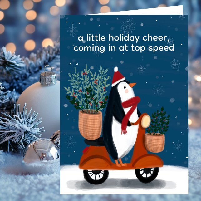 Penguin on Scooter Cute Christmas Custom Holiday Card (Penguin on Scooter Cute Christmas Custom Non-Photo Folded Holiday Card / Digital Download
)