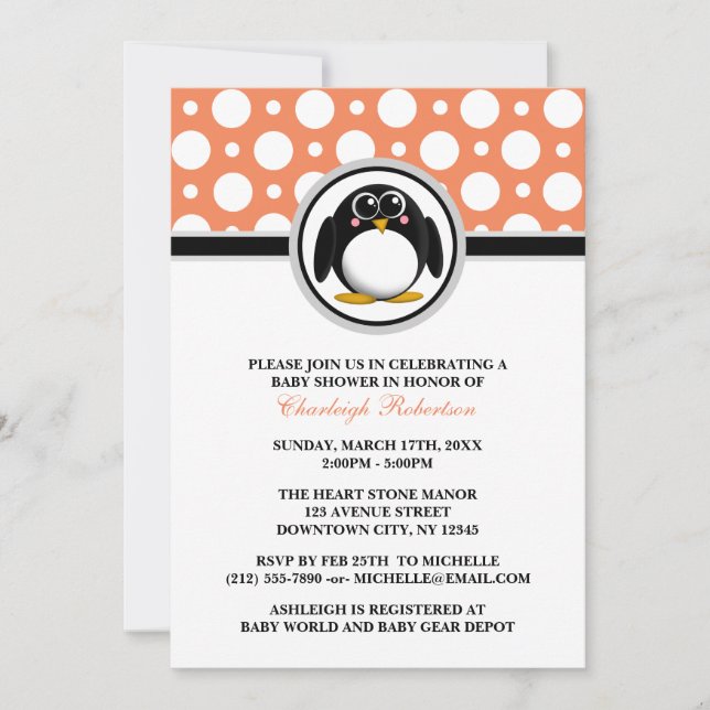 Penguin Orange Polka Dot Baby Shower Invitations (Front)