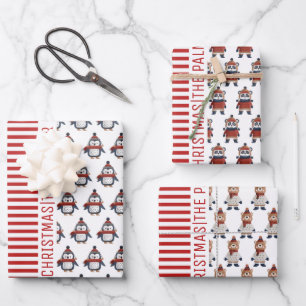 Penguin, panda, bear, red stripes Merry Christmas Wrapping Paper Sheet