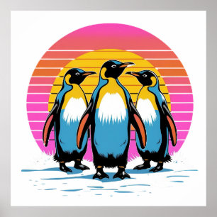 Penguin Parade – Retro Sunset Penguin Family Poster