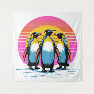 Penguin Parade – Retro Sunset Penguin Family Tapestry