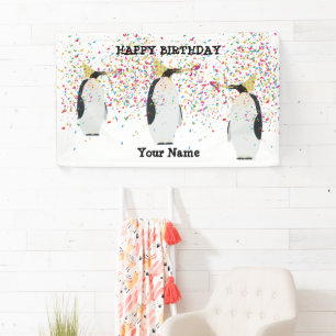 Penguin Partying - Animals at Birthday Party Banner