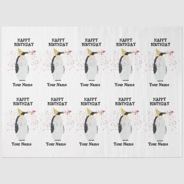 Penguin Partying - Animals at Birthday Party Name Tissue Paper (Front)