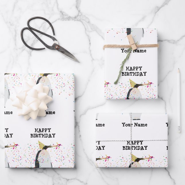 Penguin Partying - Animals at Birthday Party Name Wrapping Paper Sheet (Front)