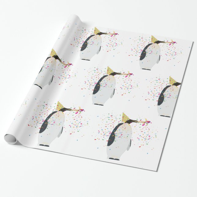 Penguin Partying - Animals Having a Party Wrapping Paper (Unrolled)