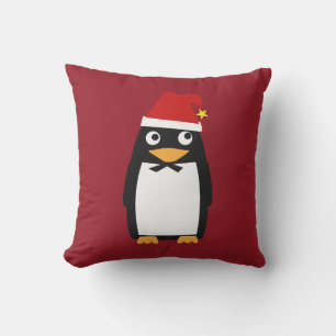 Penguin Penguins Merry Christmas Red Santa hat Tux Outdoor Pillow