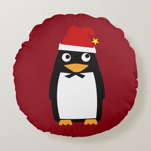 Penguin Penguins Merry Christmas Red Santa hat Tux Round Pillow (Front)