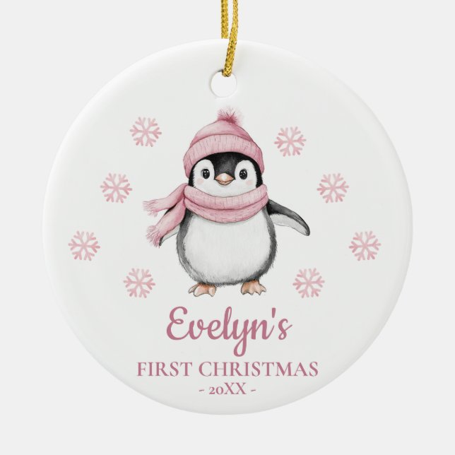 Penguin Personalized Girl's First Christmas Ceramic Ornament (Front)