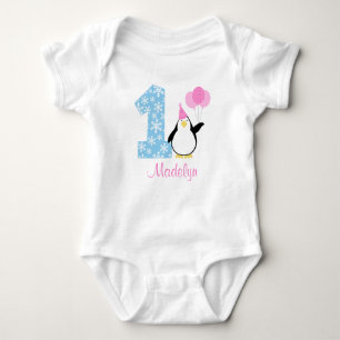 Penguin Pink Blue Girl Winter Onederland Birthday Baby Bodysuit