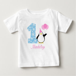 Penguin Pink Blue Girl Winter Onederland Birthday Baby T-Shirt