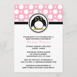 Penguin Pink Polka Dot Baby Shower Invitations