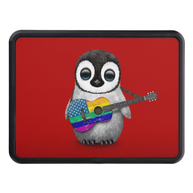 Penguin Playing American Rainbow Flag Guitar Red Trailer Hitch Cover (Front)