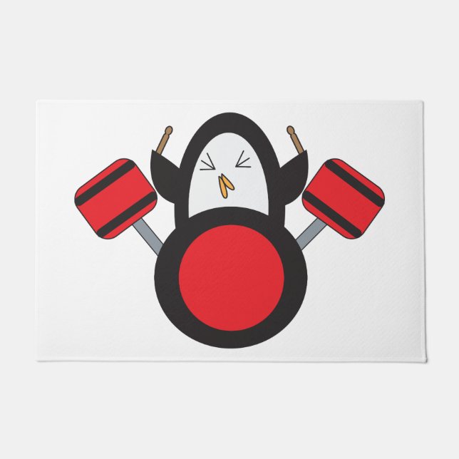 Penguin Playing Drums Adorable Doormat (Front)