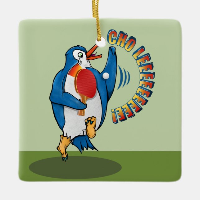 Penguin Playing Ping Pong Ceramic Ornament (Front)