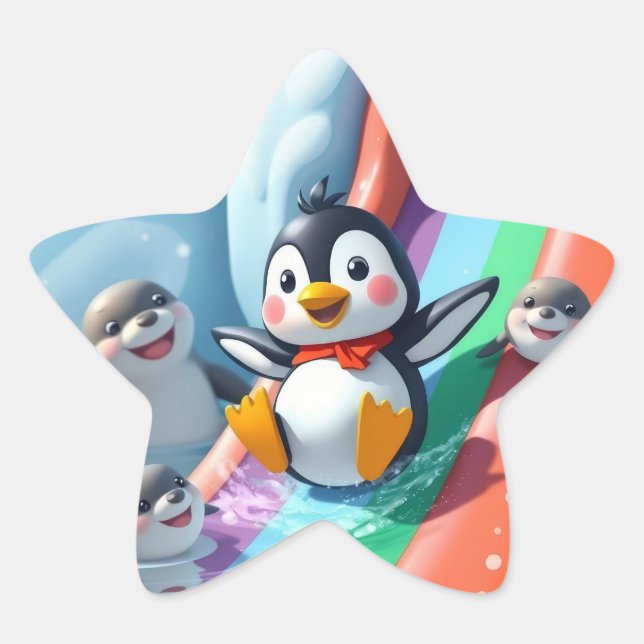 Penguin plays on a slide star sticker (Front)