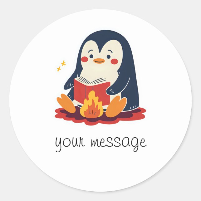 Penguin reading a book by a fireplace classic round sticker (Front)