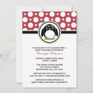 Penguin Red Polka Dot Baby Douche Invitations