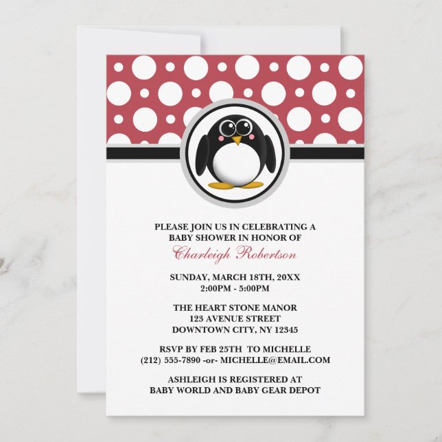 Penguin Red Polka Dot Baby Shower Invitations (Front)