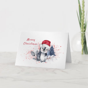 Penguin Red Santa Hat Watercolor Christmas Holiday Card