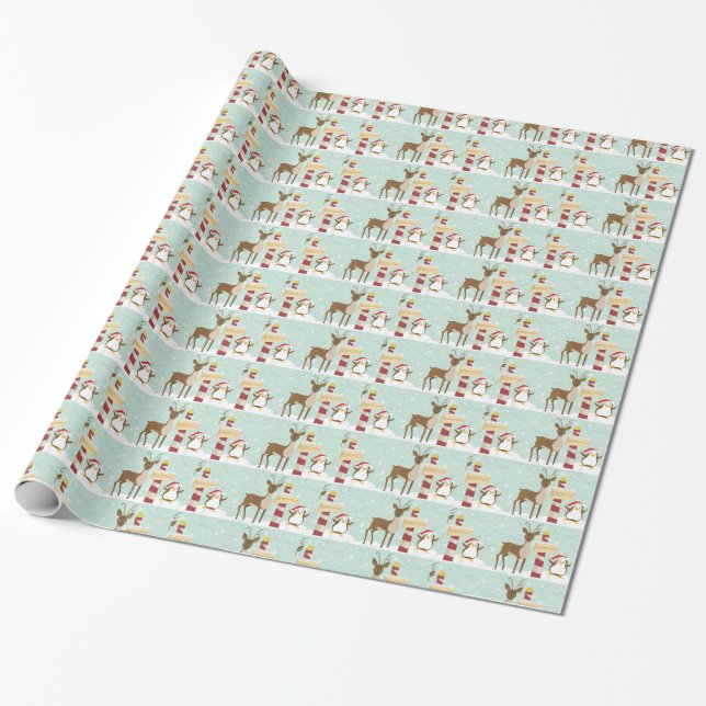 Penguin Reindeer North Pole Christmas Holiday Wrapping Paper (Unrolled)