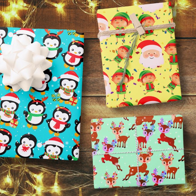 Penguin Reindeer Santa Claus Elf Christmas Holiday Wrapping Paper Sheet (Creator Uploaded)